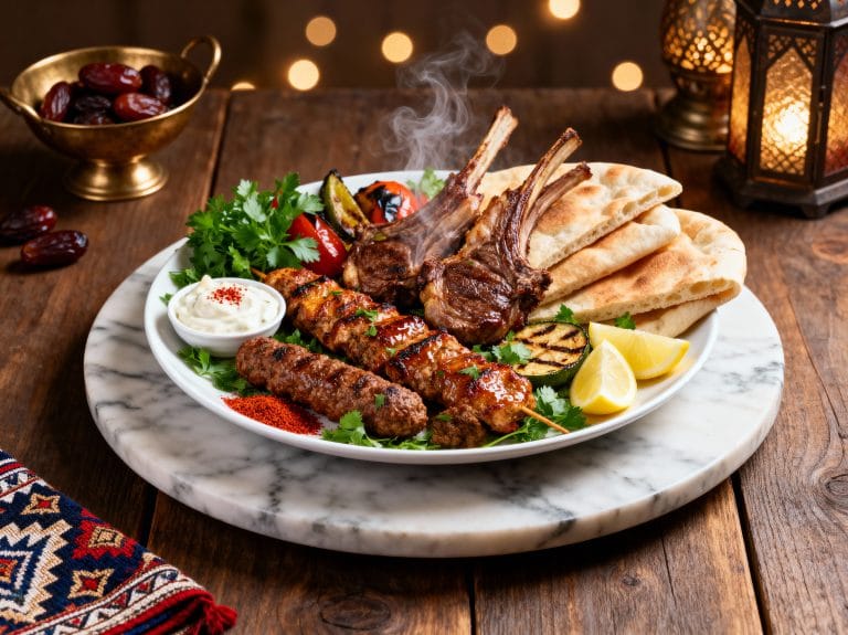 Middle Eastern mixed grill with kebabs, lamb chops and salad – menu food photography