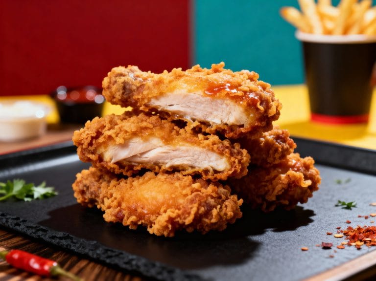 Golden fried chicken pieces with fries and dipping sauce – fast food photography