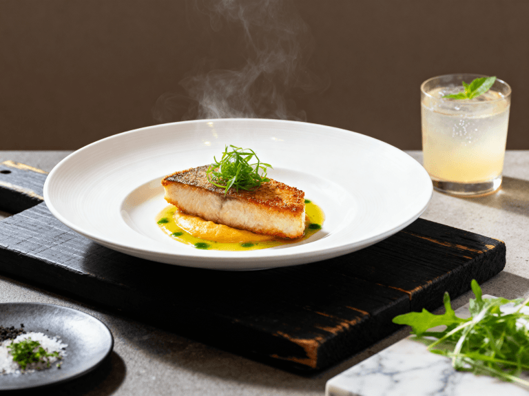 Grilled fish fillet with sauce and herbs on a white plate – restaurant food photography