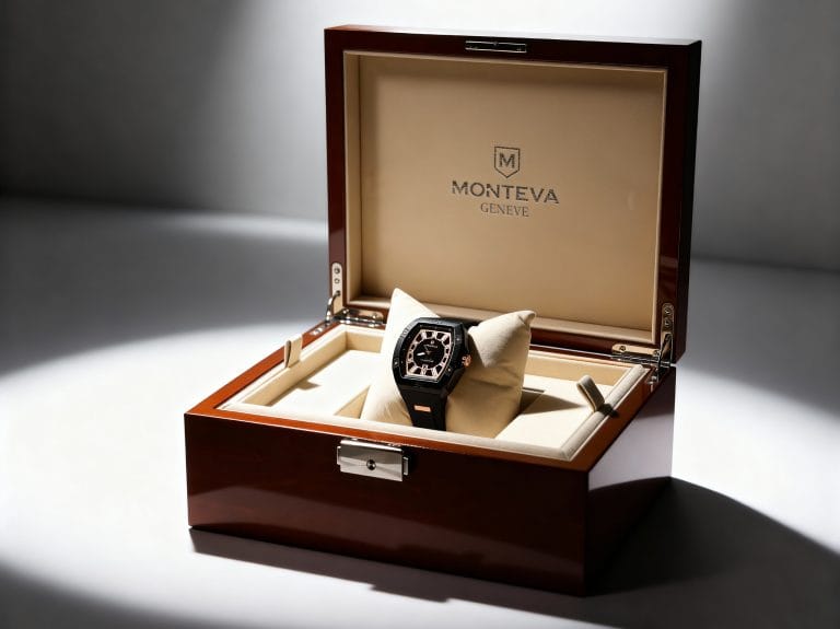 Luxury wristwatch in an open wooden presentation box – watch product photography
