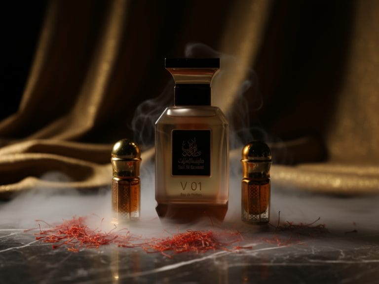 Arabic oud perfume bottle with small vials on gold silk and rose petals – fragrance product photography