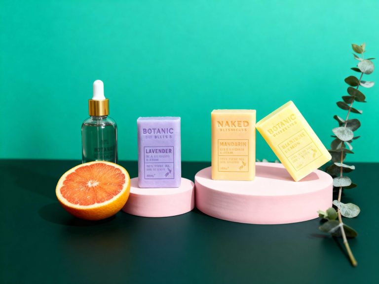Skincare serum bottle and boxes on pink podiums with an orange slice – skincare product photography