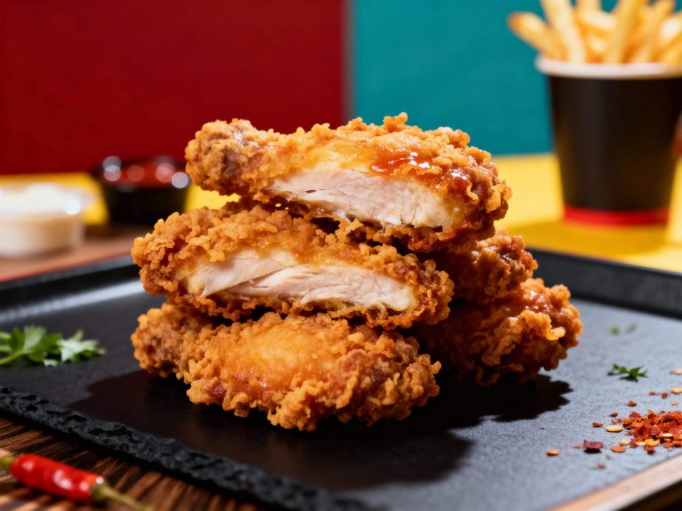 Crispy fried chicken on a slate board with fries – restaurant food photography