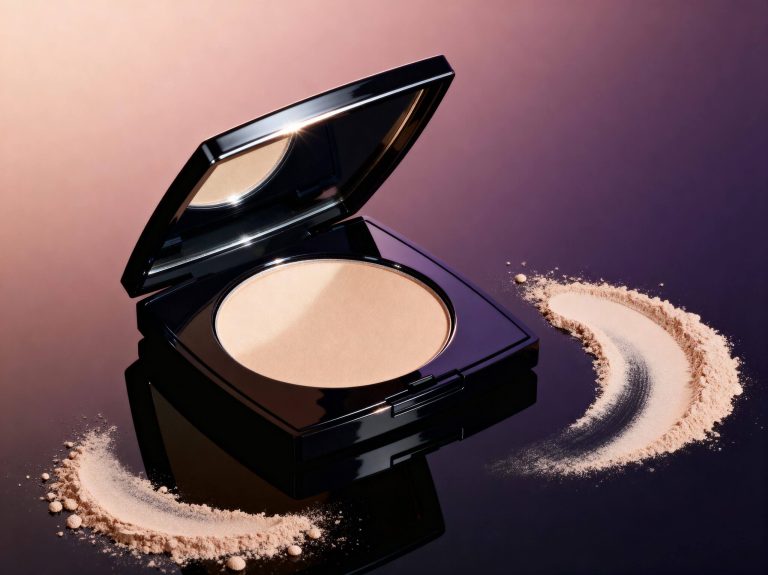 Open pressed-powder compact with swirls of loose powder – beauty product photography