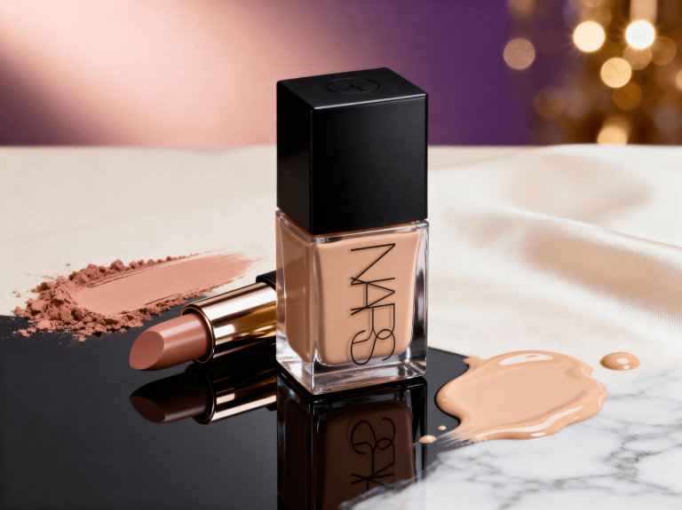 NARS foundation bottle and lipstick with makeup swatches on marble – cosmetics product photography