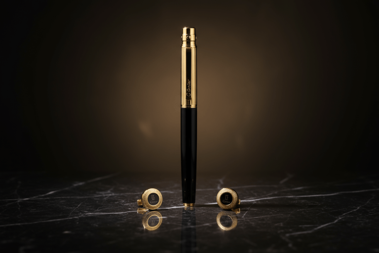 Black and gold Cartier pen standing on black marble with cufflinks – luxury product photography