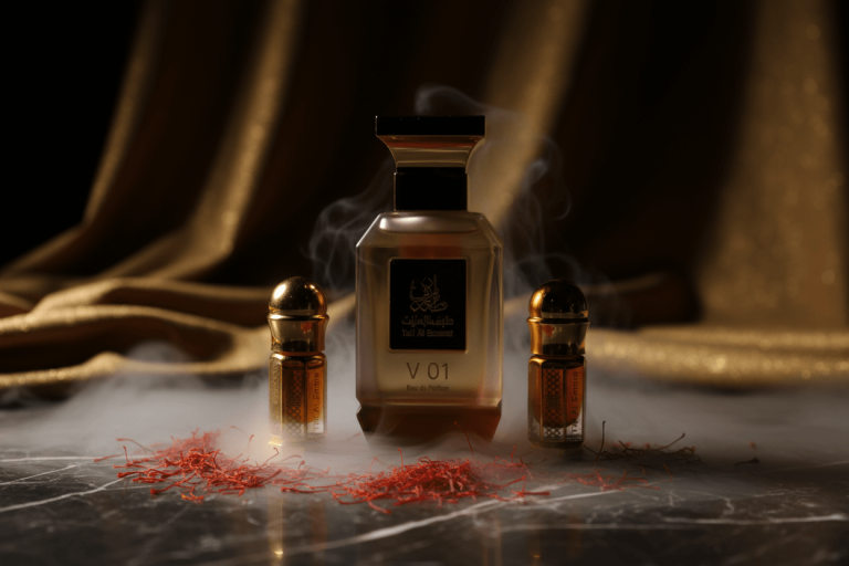 Luxury oud perfume bottle on draped gold fabric with smoke – fragrance advertising shot
